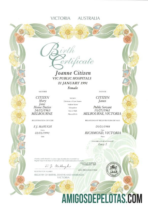 Para baixar modelo de certidão de nascimento decorativa (comemorativa) do estado de Victoria da Austrália em PSD